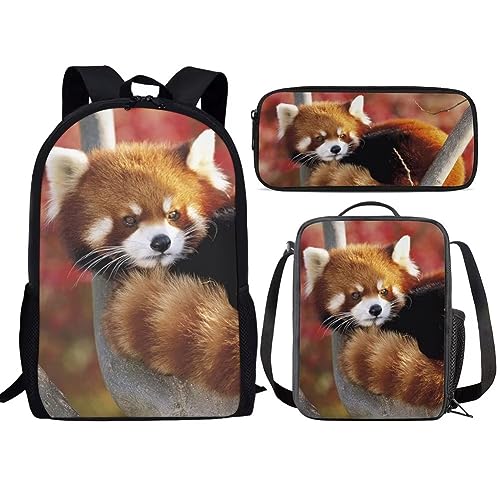 Amzbeauty Kinder-Rucksack für Mädchen, 3-teilig, Geschenk für die Schule, Lavendel, Husky, mit Lunchtaschen, Schulmäppchen, Red Panda von Amzbeauty