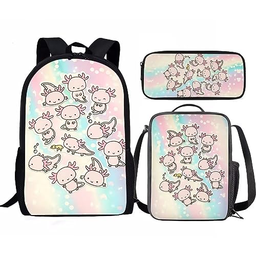 Amzbeauty Kinder-Rucksack für Mädchen, 3-teilig, Geschenk für die Schule, Lavendel, Husky, mit Lunchtaschen, Schulmäppchen, Rosa Axolotl von Amzbeauty