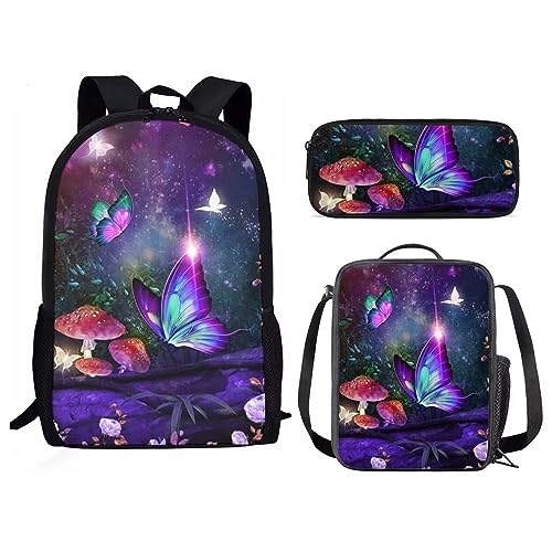 Amzbeauty Kinder-Rucksack für Mädchen, 3-teilig, Geschenk für die Schule, Lavendel, Husky, mit Lunchtaschen, Schulmäppchen, Schmetterling & Pilz von Amzbeauty