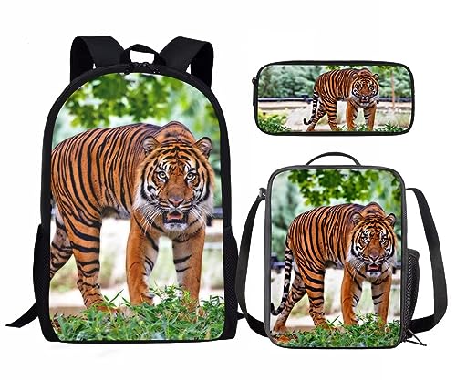 Amzbeauty Kinder-Rucksack für Mädchen, 3-teilig, Geschenk für die Schule, Lavendel, Husky, mit Lunchtaschen, Schulmäppchen, Tiger-1 von Amzbeauty