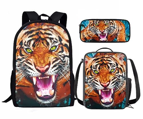 Amzbeauty Kinder-Rucksack für Mädchen, 3-teilig, Geschenk für die Schule, Lavendel, Husky, mit Lunchtaschen, Schulmäppchen, Tiger-10 von Amzbeauty