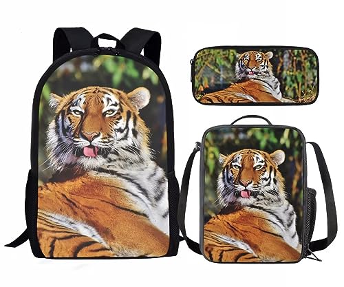 Amzbeauty Kinder-Rucksack für Mädchen, 3-teilig, Geschenk für die Schule, Lavendel, Husky, mit Lunchtaschen, Schulmäppchen, Tiger-3 von Amzbeauty