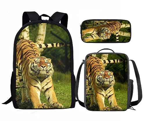 Amzbeauty Kinder-Rucksack für Mädchen, 3-teilig, Geschenk für die Schule, Lavendel, Husky, mit Lunchtaschen, Schulmäppchen, Tiger-4 von Amzbeauty