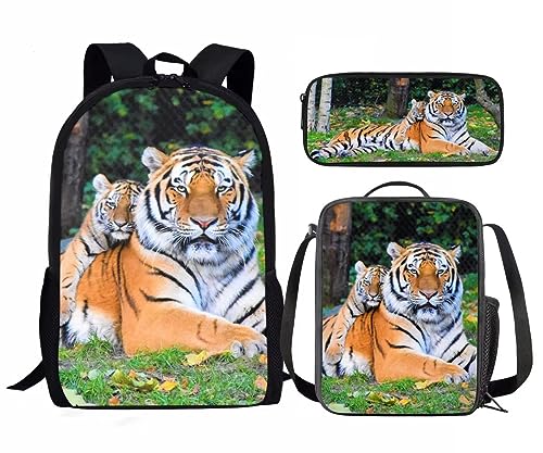 Amzbeauty Kinder-Rucksack für Mädchen, 3-teilig, Geschenk für die Schule, Lavendel, Husky, mit Lunchtaschen, Schulmäppchen, Tiger-6 von Amzbeauty