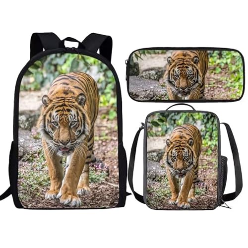 Amzbeauty Kinder-Rucksack für Mädchen, 3-teilig, Geschenk für die Schule, Lavendel, Husky, mit Lunchtaschen, Schulmäppchen, Tiger-8 von Amzbeauty