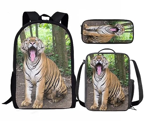 Amzbeauty Kinder-Rucksack für Mädchen, 3-teilig, Geschenk für die Schule, Lavendel, Husky, mit Lunchtaschen, Schulmäppchen, Tiger Tier von Amzbeauty