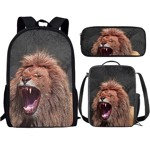 Amzbeauty Löwe Rucksack und Lunchbox für Kinder 3-teiliges Rucksack-Set mit Lunchbox für Grundschule Mittelschule Rucksack von Amzbeauty