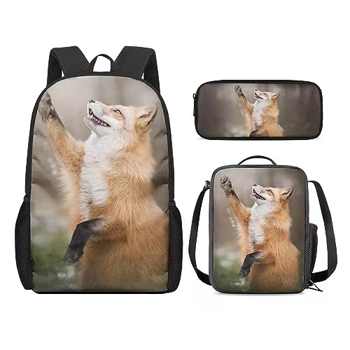 Amzbeauty Löwen-Rucksack und Lunch-Tasche für Kinder, Mädchen, Jungen, Löwen-Rucksack-Set, 3-teilig, Geschenk für die Schule, Ein Fuchs von Amzbeauty