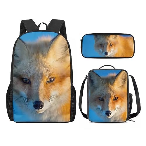 Amzbeauty Löwen-Rucksack und Lunch-Tasche für Kinder, Mädchen, Jungen, Löwen-Rucksack-Set, 3-teilig, Geschenk für die Schule, Fuchs-2 von Amzbeauty