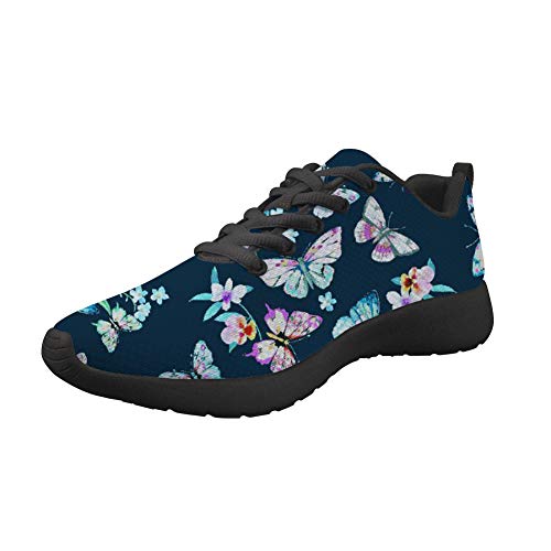 Amzbeauty Modische atmungsaktive Sportschuhe, Turnschuhe, Netz-Sneakers, leicht, Laufen, saugfähig, bequem, rutschfest, 35-42 EU (2-8 UK) mit Blumenmuster, Blau - schmetterling - Größe: 38 EU von Amzbeauty