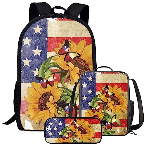 Amzbeauty Pilz-Rucksack und Lunch-Tasche für Mädchen Jungen Kinder Back to Rucksack 3 in 1 Schulranzen-Set, Amerikanische Flagge & Sonnenblume von Amzbeauty