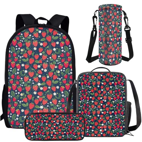 Amzbeauty Rucksack mit Mottenmotiv und Libellen-Druck, für Jungen und Mädchen, Schulrucksack mit Lunchbox, Federmäppchen, Wasserflaschenhalter, erdbeere von Amzbeauty