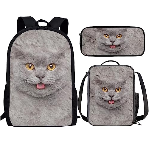 Amzbeauty Rucksack mit französischer Bulldogge für Jungen Mädchen Kinder 3-teiliges Rucksack-Set mit amerikanischer Flagge für Grundschule, Graue Katze von Amzbeauty