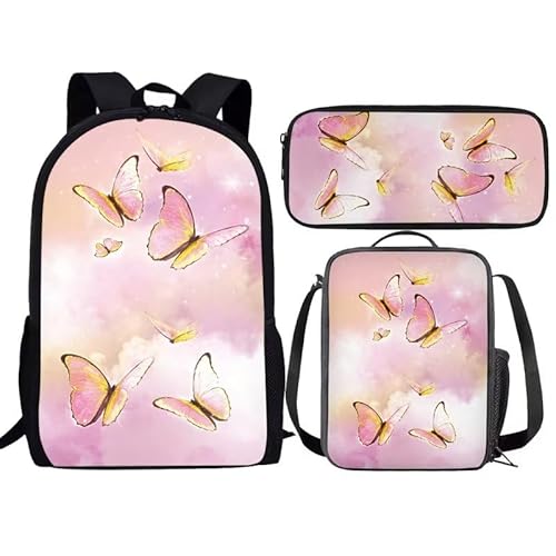 Amzbeauty Rucksack mit französischer Bulldogge für Jungen Mädchen Kinder 3-teiliges Rucksack-Set mit amerikanischer Flagge für Grundschule, Rosa & Gold Schmetterling von Amzbeauty