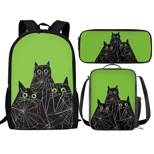 Amzbeauty Rucksack mit französischer Bulldogge für Jungen Mädchen Kinder 3-teiliges Rucksack-Set mit amerikanischer Flagge für Grundschule, schwarze katze von Amzbeauty