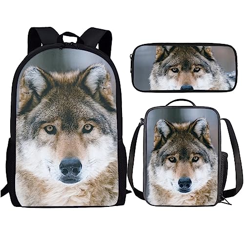 Amzbeauty Rucksack mit französischer Bulldogge für Jungen Mädchen Kinder 3-teiliges Rucksack-Set mit amerikanischer Flagge für Grundschule, wolf von Amzbeauty