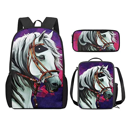 Amzbeauty Rucksack und Lunchbox für Kinder, Motiv: sibirischer Husky, 3-teiliges Set, Cartoon Pferd von Amzbeauty