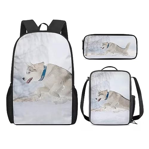 Amzbeauty Rucksack und Lunchbox für Kinder, Motiv: sibirischer Husky, 3-teiliges Set, hund von Amzbeauty