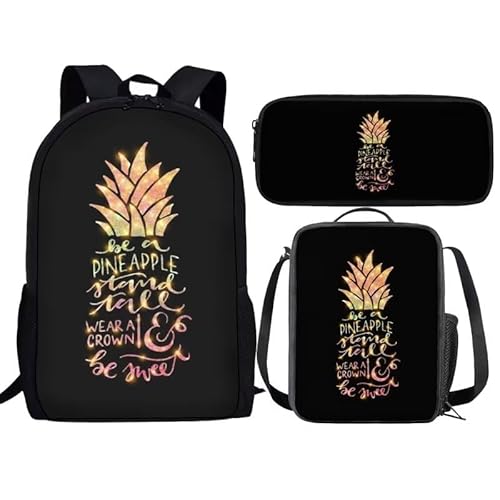 Amzbeauty Rucksack und Lunchbox mit Eule im Baum, für Kinder, Jungen, Mädchen, 3-in-1-Rucksack-Set für Grundschule, Mittelschule, Büchertasche, Ananas von Amzbeauty