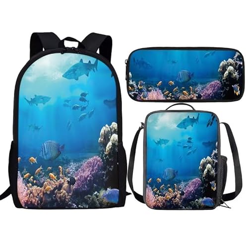 Amzbeauty Rucksack und Lunchbox mit Eule im Baum, für Kinder, Jungen, Mädchen, 3-in-1-Rucksack-Set für Grundschule, Mittelschule, Büchertasche, Aquarium von Amzbeauty