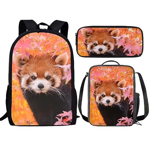 Amzbeauty Rucksack und Lunchbox mit Eule im Baum, für Kinder, Jungen, Mädchen, 3-in-1-Rucksack-Set für Grundschule, Mittelschule, Büchertasche, Ein roter Panda von Amzbeauty