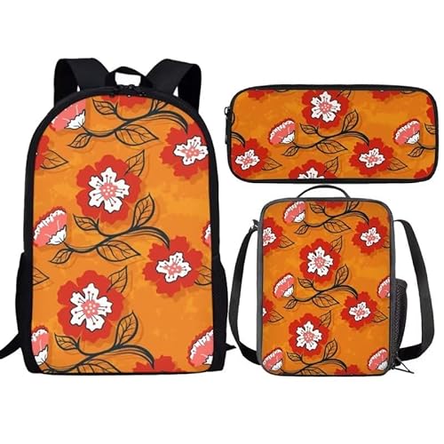 Amzbeauty Rucksack und Lunchbox mit Eule im Baum, für Kinder, Jungen, Mädchen, 3-in-1-Rucksack-Set für Grundschule, Mittelschule, Büchertasche, Hibiskus von Amzbeauty