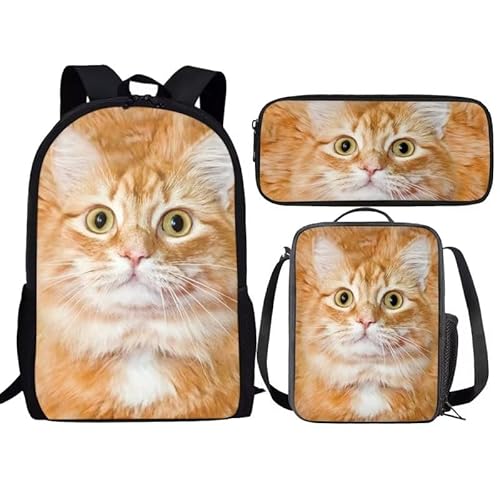 Amzbeauty Rucksack und Lunchbox mit Eule im Baum, für Kinder, Jungen, Mädchen, 3-in-1-Rucksack-Set für Grundschule, Mittelschule, Büchertasche, Orange Cat von Amzbeauty