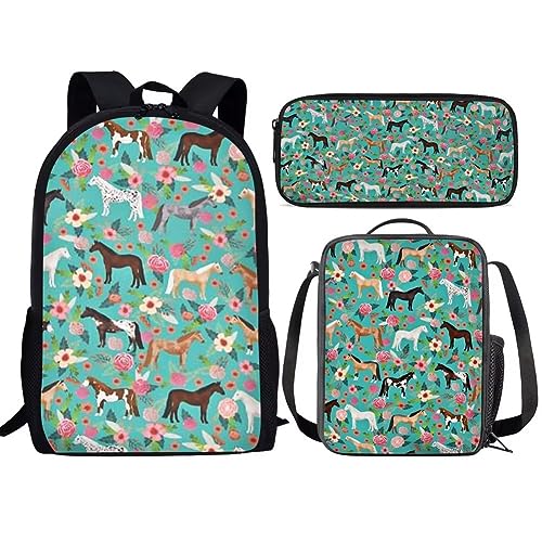 Amzbeauty Rucksack und Lunchbox mit Eule im Baum, für Kinder, Jungen, Mädchen, 3-in-1-Rucksack-Set für Grundschule, Mittelschule, Büchertasche, Pferd & Blume von Amzbeauty