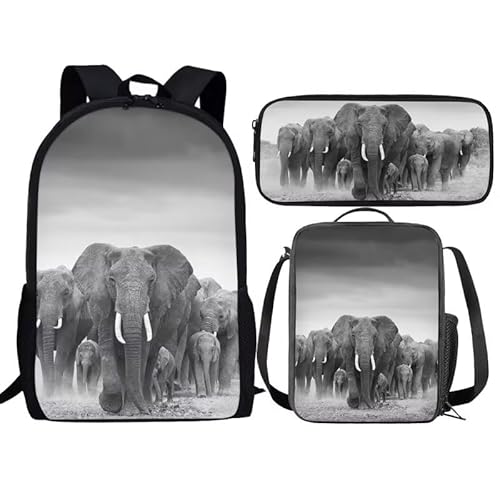 Amzbeauty Rucksack und Lunchbox mit Eule im Baum, für Kinder, Jungen, Mädchen, 3-in-1-Rucksack-Set für Grundschule, Mittelschule, Büchertasche, elefant von Amzbeauty