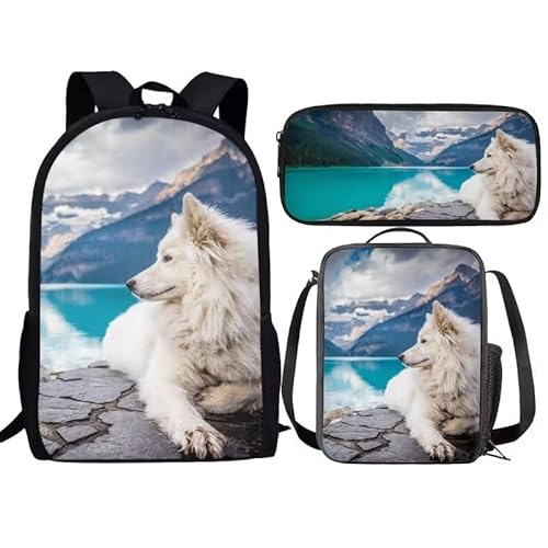 Amzbeauty Rucksack und Lunchbox mit Eule im Baum, für Kinder, Jungen, Mädchen, 3-in-1-Rucksack-Set für Grundschule, Mittelschule, Büchertasche, wolf von Amzbeauty