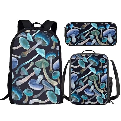 Amzbeauty Rucksack und Lunchtasche, Motiv: schwarze Katze, Set für Mädchen, Jungen, Kinder, 3-in-1-Schultasche, (schwarze Katzen-Schulbedarf), Blauer Pilz von Amzbeauty