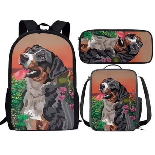 Amzbeauty Rucksack und Lunchtasche, Motiv: schwarze Katze, Set für Mädchen, Jungen, Kinder, 3-in-1-Schultasche, (schwarze Katzen-Schulbedarf), Ein Hund von Amzbeauty