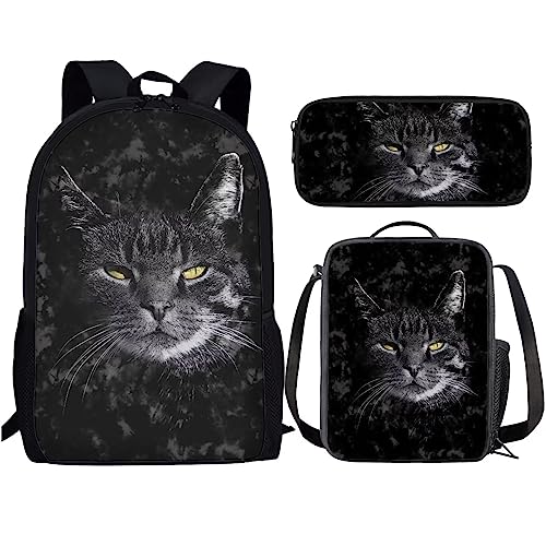 Amzbeauty Rucksack und Lunchtasche, Motiv: schwarze Katze, Set für Mädchen, Jungen, Kinder, 3-in-1-Schultasche, (schwarze Katzen-Schulbedarf), Eine Katze von Amzbeauty