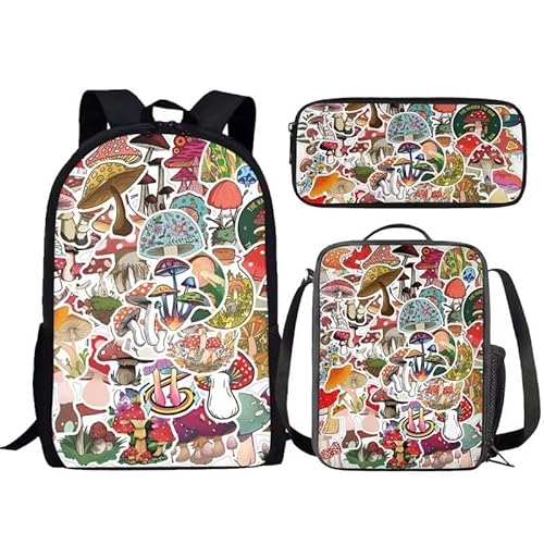 Amzbeauty Rucksack und Lunchtasche, Motiv: schwarze Katze, Set für Mädchen, Jungen, Kinder, 3-in-1-Schultasche, (schwarze Katzen-Schulbedarf), Pilz Clipart von Amzbeauty