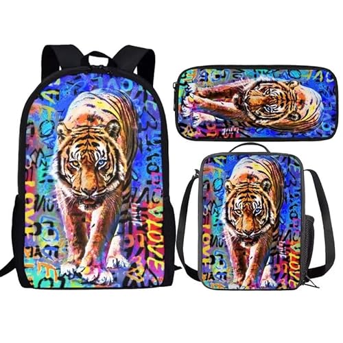 Amzbeauty Rucksack und Lunchtasche, Motiv: schwarze Katze, Set für Mädchen, Jungen, Kinder, 3-in-1-Schultasche, (schwarze Katzen-Schulbedarf), Tiger-2 von Amzbeauty