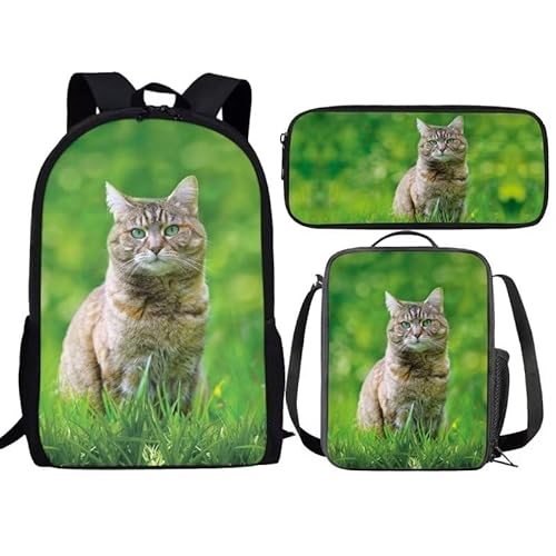 Amzbeauty Rucksack und Lunchtasche, Motiv: schwarze Katze, Set für Mädchen, Jungen, Kinder, 3-in-1-Schultasche, (schwarze Katzen-Schulbedarf), katze von Amzbeauty