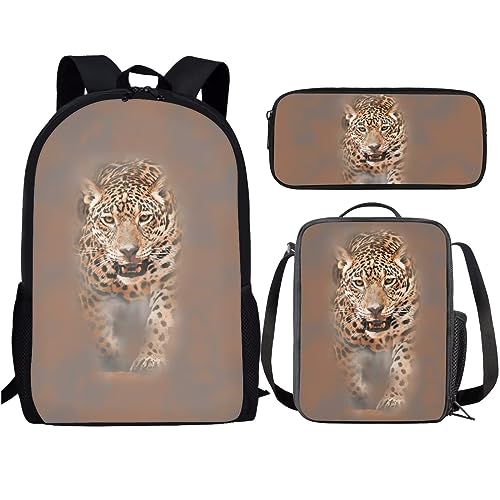 Amzbeauty Rucksack und Lunchtasche, Motiv: schwarze Katze, Set für Mädchen, Jungen, Kinder, 3-in-1-Schultasche, (schwarze Katzen-Schulbedarf), leopard von Amzbeauty