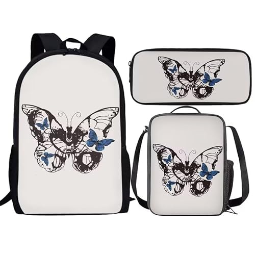 Amzbeauty Rucksack und Lunchtasche, Motiv: schwarze Katze, Set für Mädchen, Jungen, Kinder, 3-in-1-Schultasche, (schwarze Katzen-Schulbedarf), schmetterling von Amzbeauty