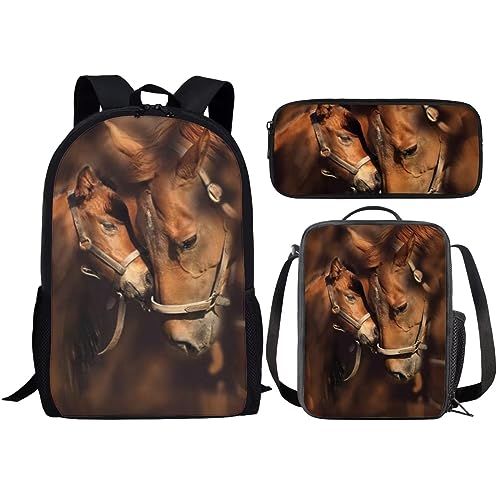 Amzbeauty Rucksack und Lunchtasche, Motiv: schwarze Katze, Set für Mädchen, Jungen, Kinder, für Grundschule, Mittelschule, 3-in-1-Rucksack-Set, Borwn Horse von Amzbeauty