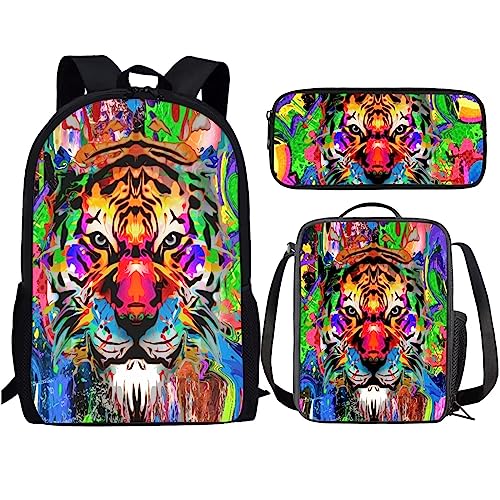 Amzbeauty Rucksack und Lunchtasche, Motiv: schwarze Katze, Set für Mädchen, Jungen, Kinder, für Grundschule, Mittelschule, 3-in-1-Rucksack-Set, Bunter Tiger von Amzbeauty