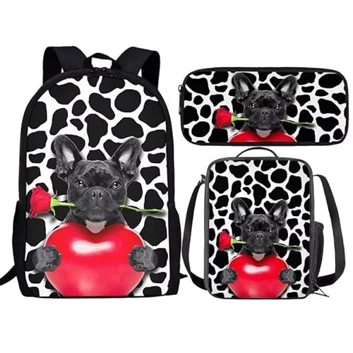 Amzbeauty Rucksack und Lunchtasche, Motiv: schwarze Katze, Set für Mädchen, Jungen, Kinder, für Grundschule, Mittelschule, 3-in-1-Rucksack-Set, Französische Bulldogge von Amzbeauty