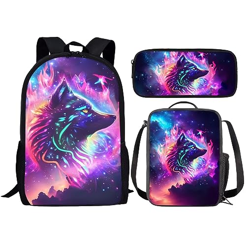 Amzbeauty Rucksack und Lunchtasche, Motiv: schwarze Katze, Set für Mädchen, Jungen, Kinder, für Grundschule, Mittelschule, 3-in-1-Rucksack-Set, Lila Wolf von Amzbeauty