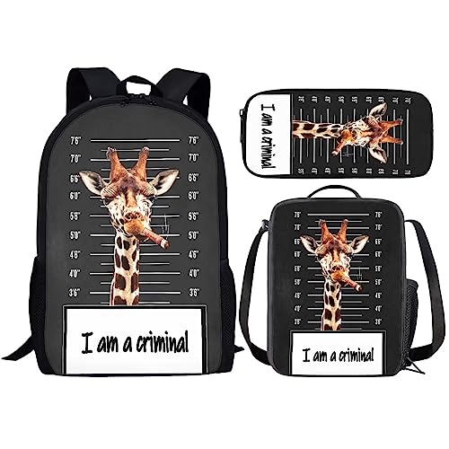 Amzbeauty Rucksack und Lunchtasche, Motiv: schwarze Katze, Set für Mädchen, Jungen, Kinder, für Grundschule, Mittelschule, 3-in-1-Rucksack-Set, Lustige Giraffe von Amzbeauty