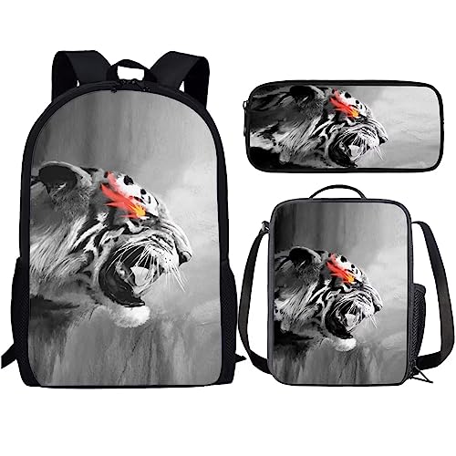 Amzbeauty Rucksack und Lunchtasche, Motiv: schwarze Katze, Set für Mädchen, Jungen, Kinder, für Grundschule, Mittelschule, 3-in-1-Rucksack-Set, Tiger mit Feuerauge von Amzbeauty