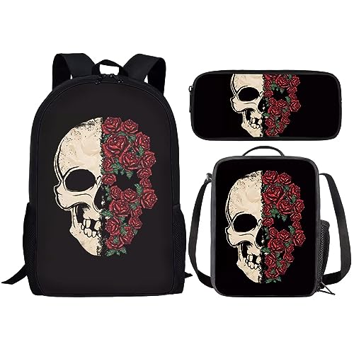 Amzbeauty Rucksack und Lunchtasche, Motiv: schwarze Katze, Set für Mädchen, Jungen, Kinder, für Grundschule, Mittelschule, 3-in-1-Rucksack-Set, Totenkopf & Rose von Amzbeauty