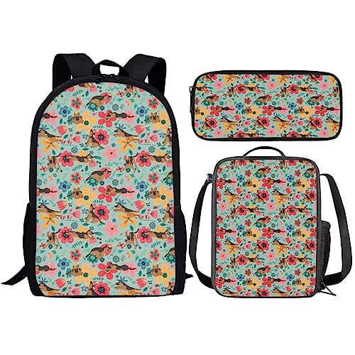 Amzbeauty Rucksack und Lunchtasche, Motiv: schwarze Katze, Set für Mädchen, Jungen, Kinder, für Grundschule, Mittelschule, 3-in-1-Rucksack-Set, Wolf Hund & Blume von Amzbeauty