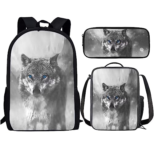 Amzbeauty Rucksack und Lunchtasche, Motiv: schwarze Katze, Set für Mädchen, Jungen, Kinder, für Grundschule, Mittelschule, 3-in-1-Rucksack-Set, Wolf Hund von Amzbeauty