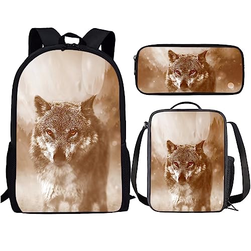 Amzbeauty Rucksack und Lunchtasche, Motiv: schwarze Katze, Set für Mädchen, Jungen, Kinder, für Grundschule, Mittelschule, 3-in-1-Rucksack-Set, Wolfshund mit orangefarbenem Auge von Amzbeauty