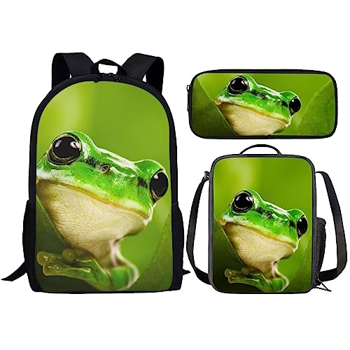 Amzbeauty Rucksack und Lunchtasche, Motiv: schwarze Katze, Set für Mädchen, Jungen, Kinder, für Grundschule, Mittelschule, 3-in-1-Rucksack-Set, frosch von Amzbeauty