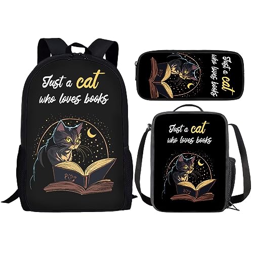 Amzbeauty Rucksack und Lunchtasche, Motiv: schwarze Katze, Set für Mädchen, Jungen, Kinder, für Grundschule, Mittelschule, 3-in-1-Rucksack-Set, katze von Amzbeauty